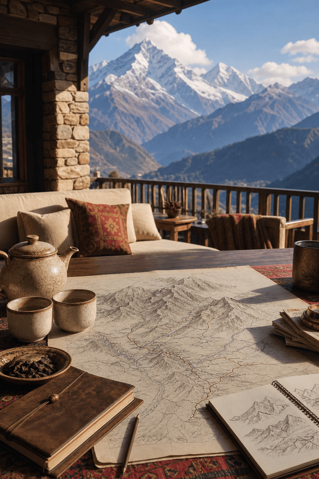 Generated lodge terrace with a route map and Himalayan mountain view