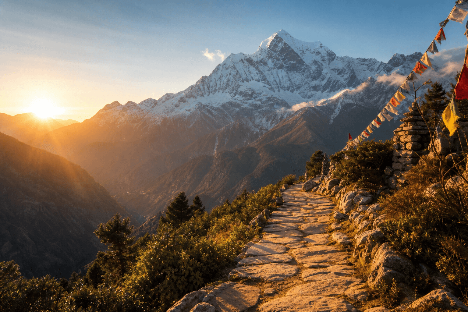 Generated sunrise trekking trail leading toward Himalayan peaks
