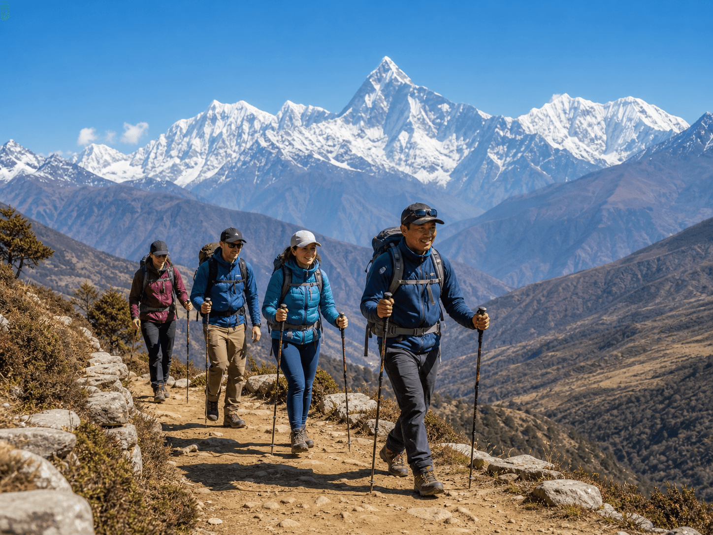 Guided trekking group on a Himalayan mountain trail